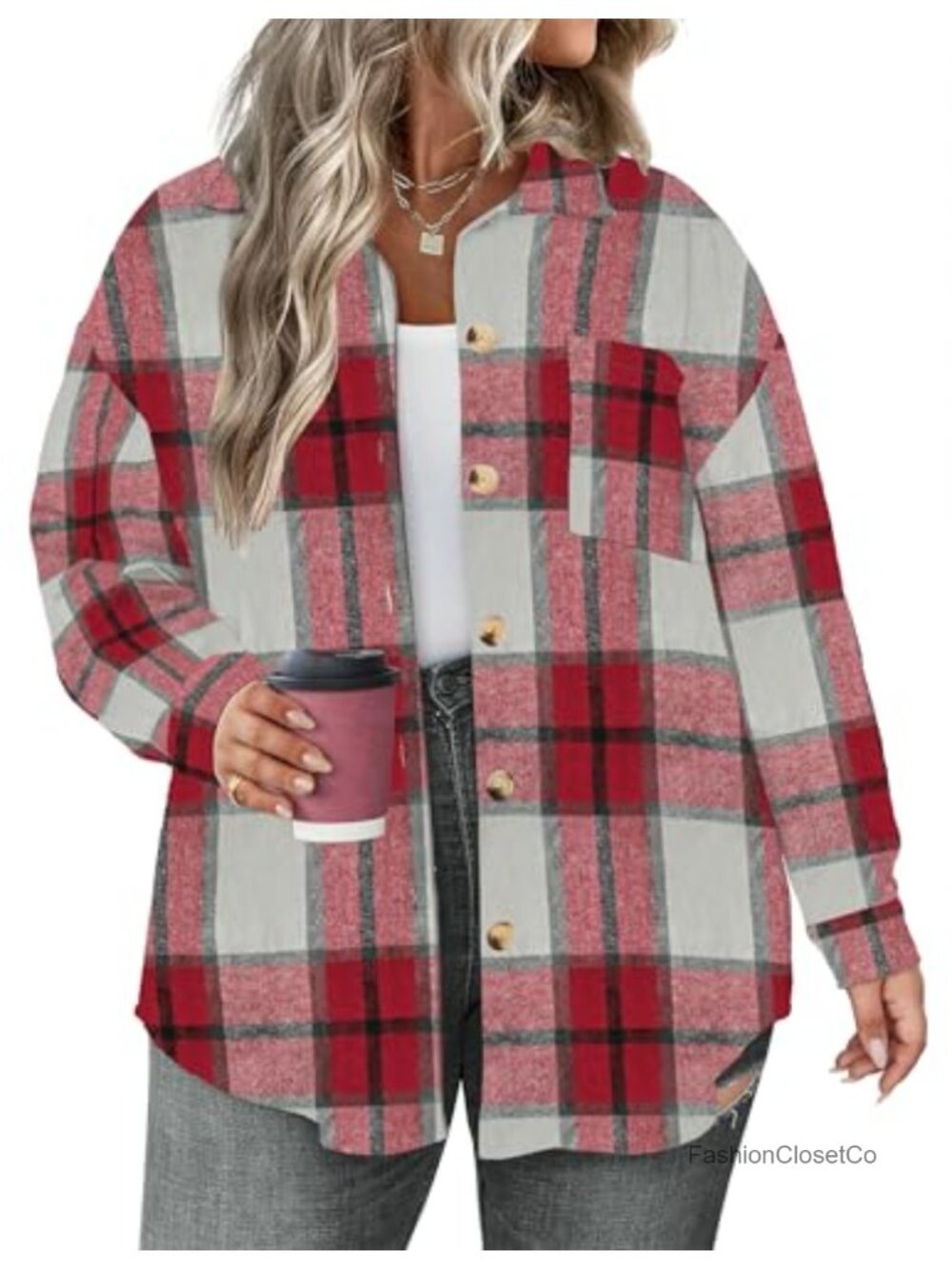 Plus Size Plaid Shacket Button Down Flannel Shirt Oversized Loose Fit Women